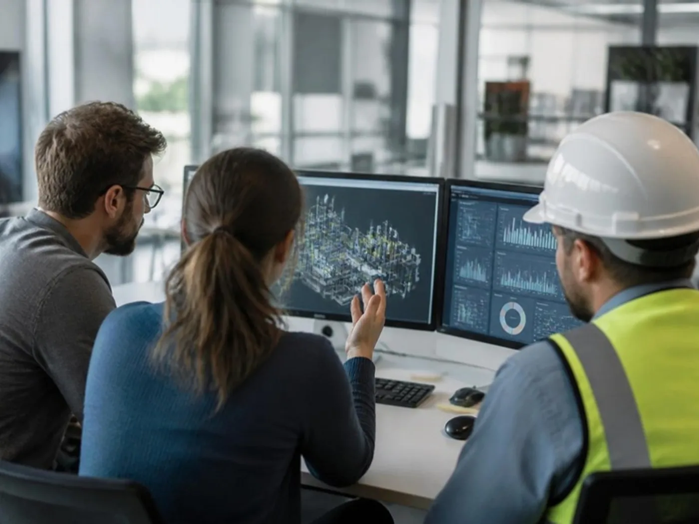 Desarrolladores e ingeniero industrial configurando un modelo 3D de planta y un tablero de datos