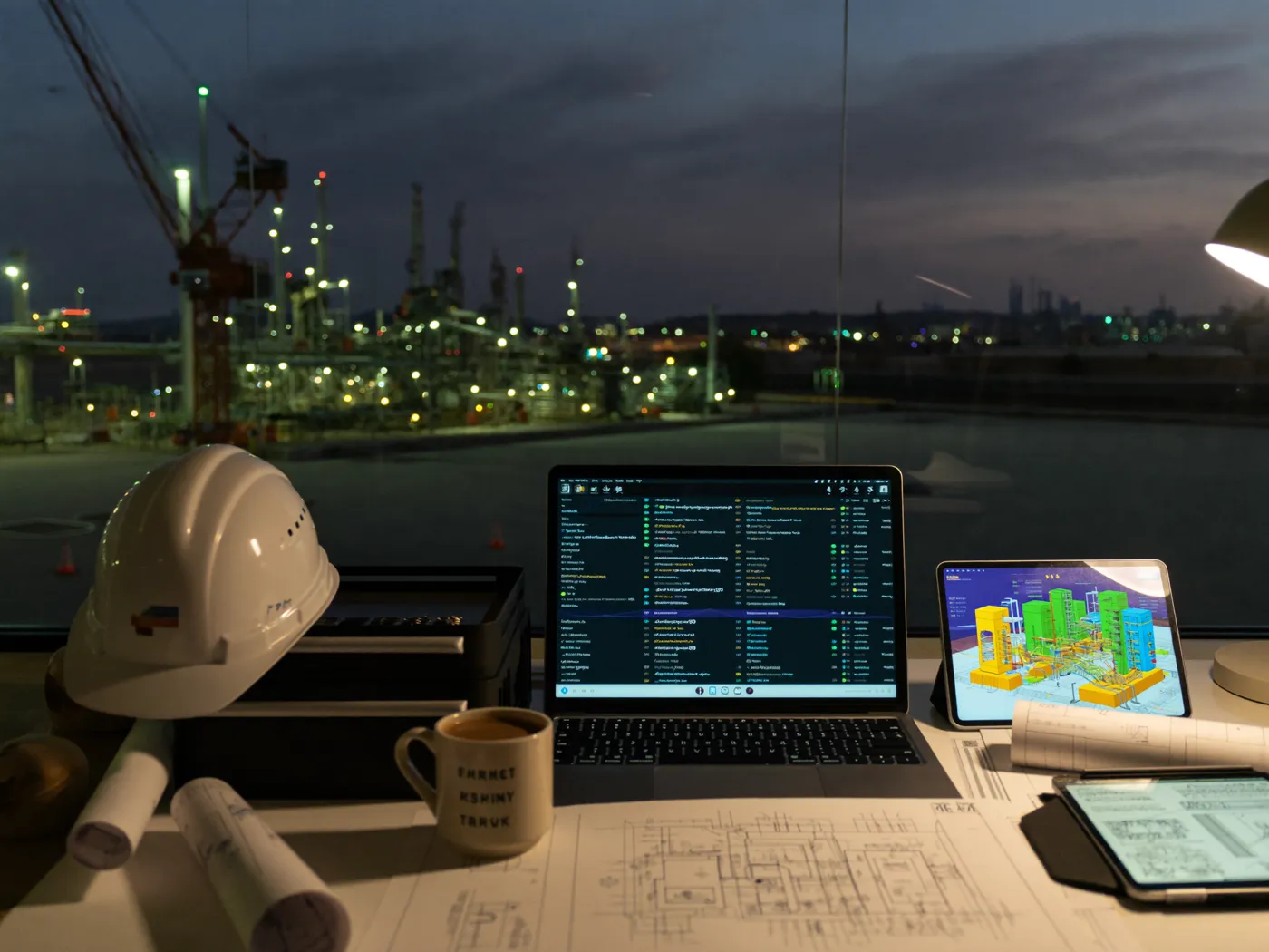 Oficina de obra de noche: portátil con el cronograma, tableta con el modelo 3D de la planta, planos y casco, con la refinería iluminada al fondo
