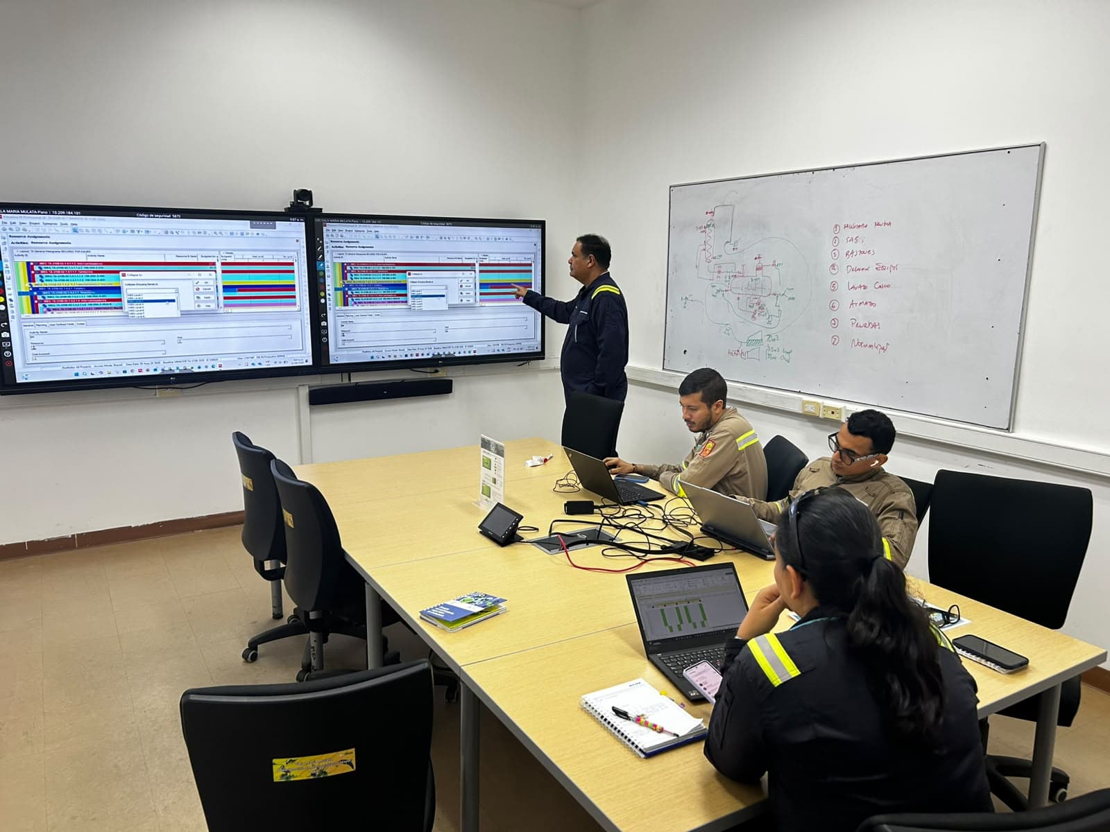 Especialistas de Proyetech en una sesión de trabajo con Oracle Primavera P6, con cronogramas en pantalla